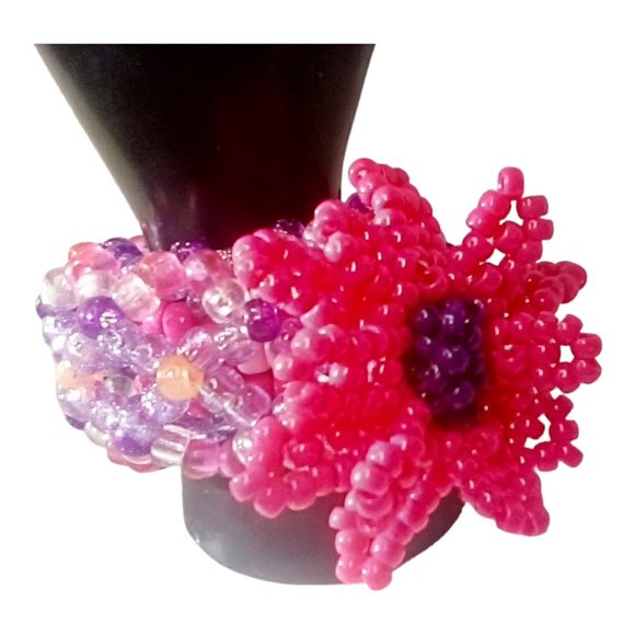 Neon Pink Flower On 3d Kandi Cuff-Pink and Purple Sparkle with Orange Glow Beads - Picture 2 of 4